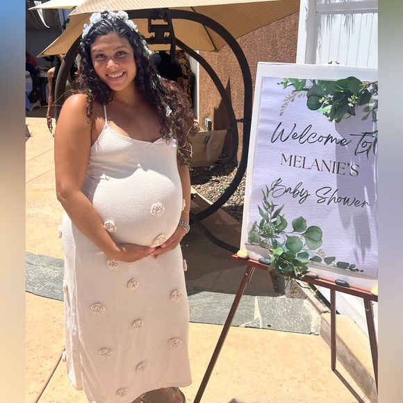 Cream Spaghetti Strap Backless 3D Flowers Maternity Maxi Dress - Picture 2 of 6